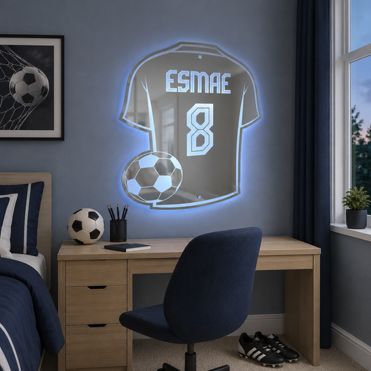 Custom LED Mirror Football Shirt Sign – Personalised Name & Number Light