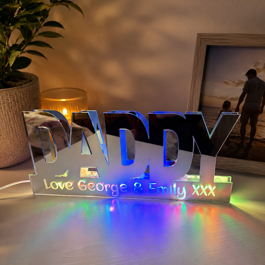 Personalised LED mirror sign for Dad with custom children’s names