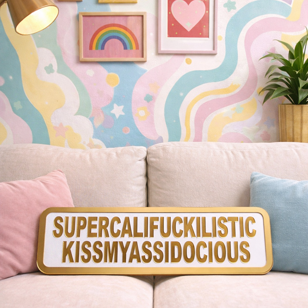 Decorative sign with a long word on a couch against a colorful wall.