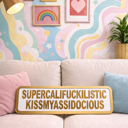 Decorative sign with a long word on a couch against a colorful wall.