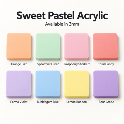 A color chart for Sweet Pastel Acrylic sticky notes, showing eight different pastel colors in square samples with their names underneath: Orange Fizz, Spearmint Green, Raspberry Sherbert, Coral Candy, Parma Violet, Bubblegum Blue, Lemon Bonbon, and Sour Grape. The text at the top reads 'Sweet Pastel Acrylic' and 'Available in 3mm'.
