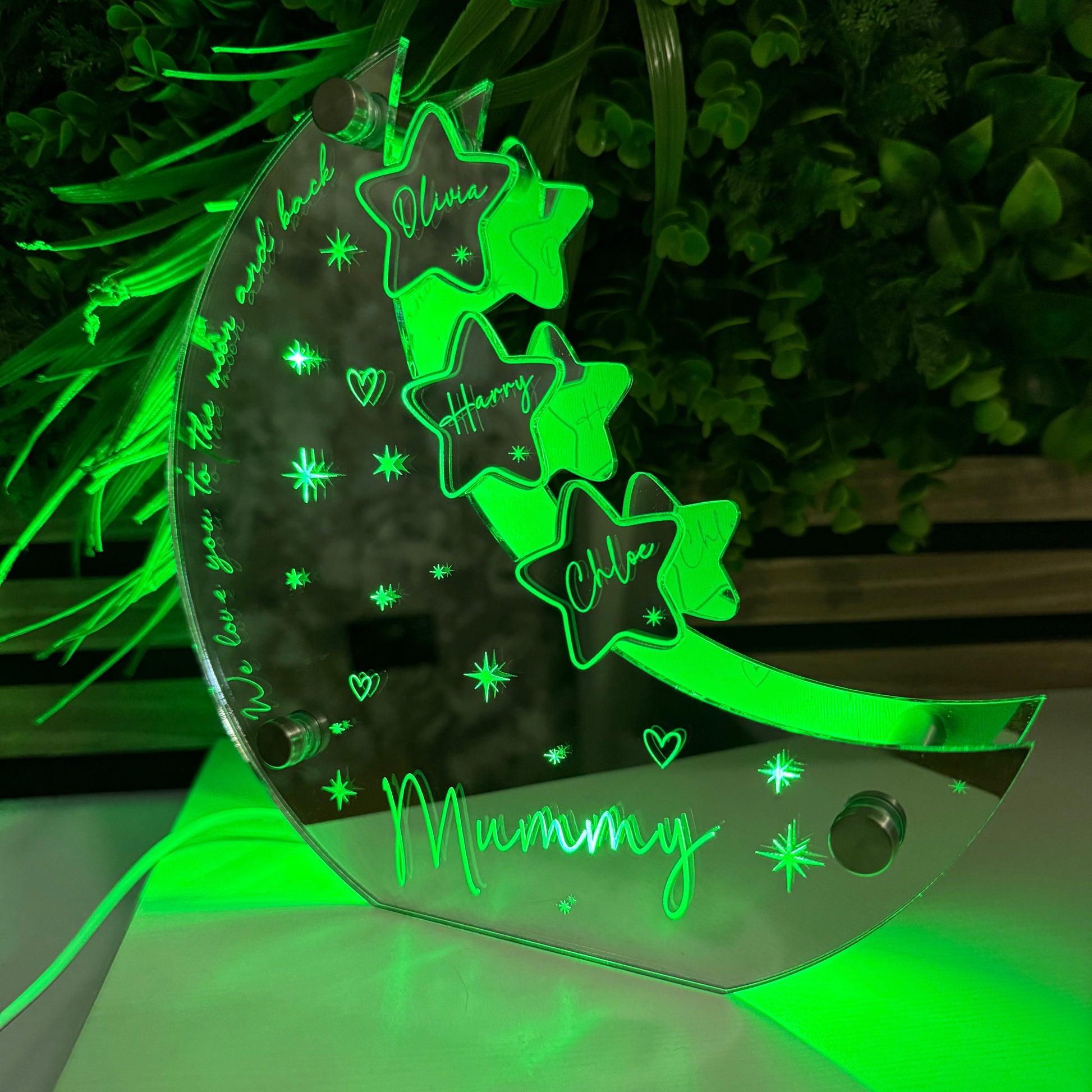 Decorative green sign with star designs on a plant