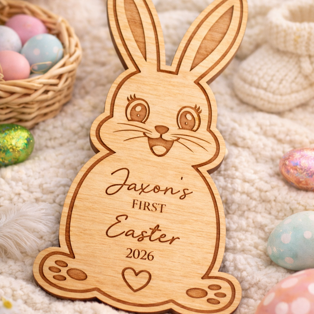 Wooden bunny-shaped ornament with 'Jaxon's First Easter 2026' engraving on a soft fabric background with Easter eggs and a bunny.