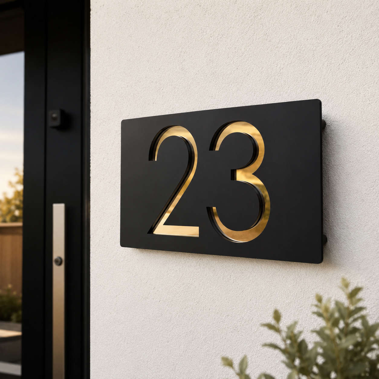Modern black house number sign featuring the gold metallic numbers '23' mounted on a textured white stucco wall next to a black door frame.