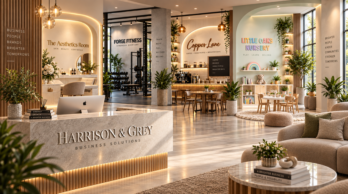 Business signs on the walls of a reception and café, including Harrison & Grey lettering on the front desk