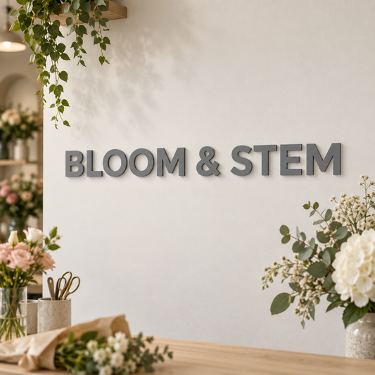 Grey matt acrylic BLOOM & STEM wall lettering on a pale wall beside fresh flowers