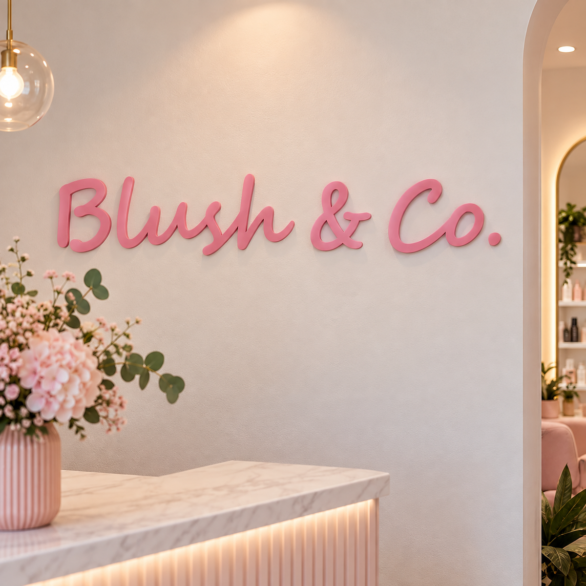 Personalised pastel acrylic business sign with custom wall lettering for salon cafe shop or reception