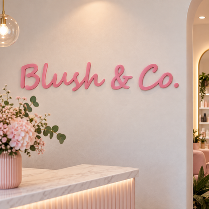 Personalised pastel acrylic business sign with custom wall lettering for salon cafe shop or reception