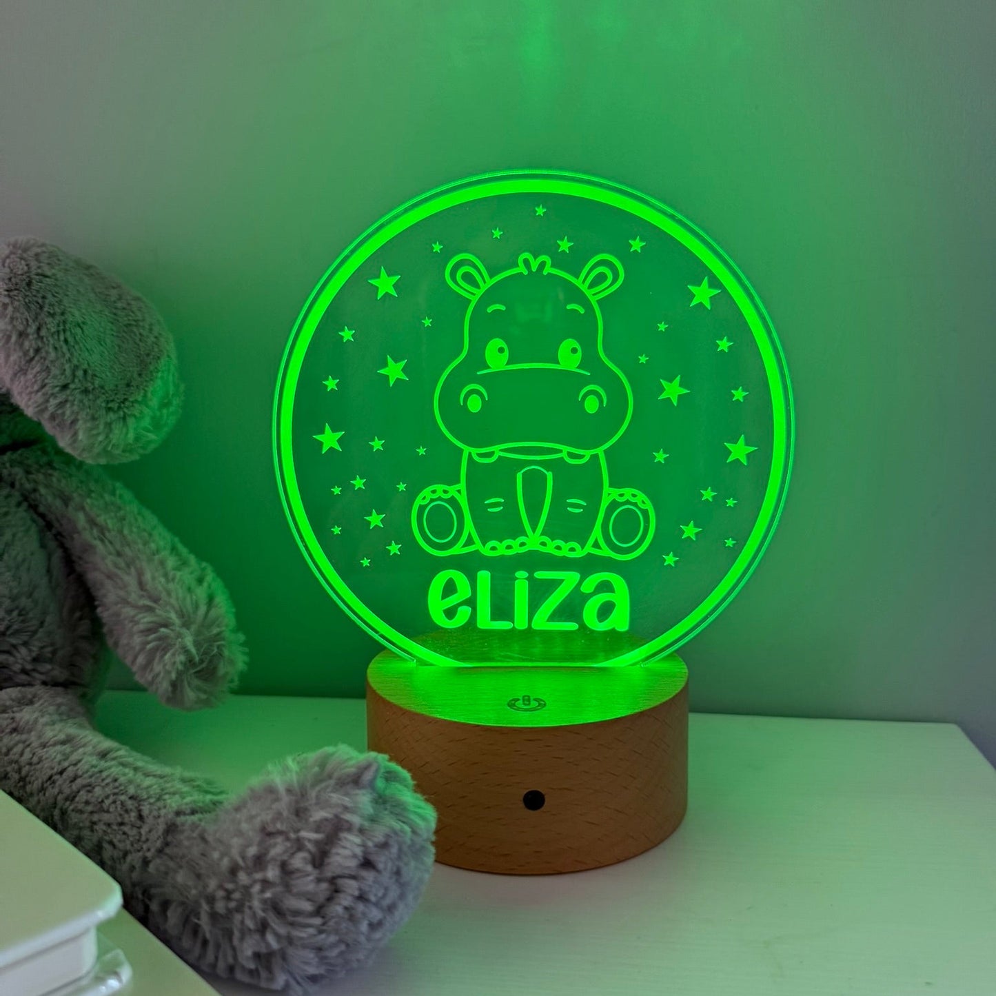 A personalized 3D optical illusion night light shaped like a round clear dome with a glowing green hippo and the name 'eliza' on a wooden base, shown on a tabletop next to a gray plush toy.