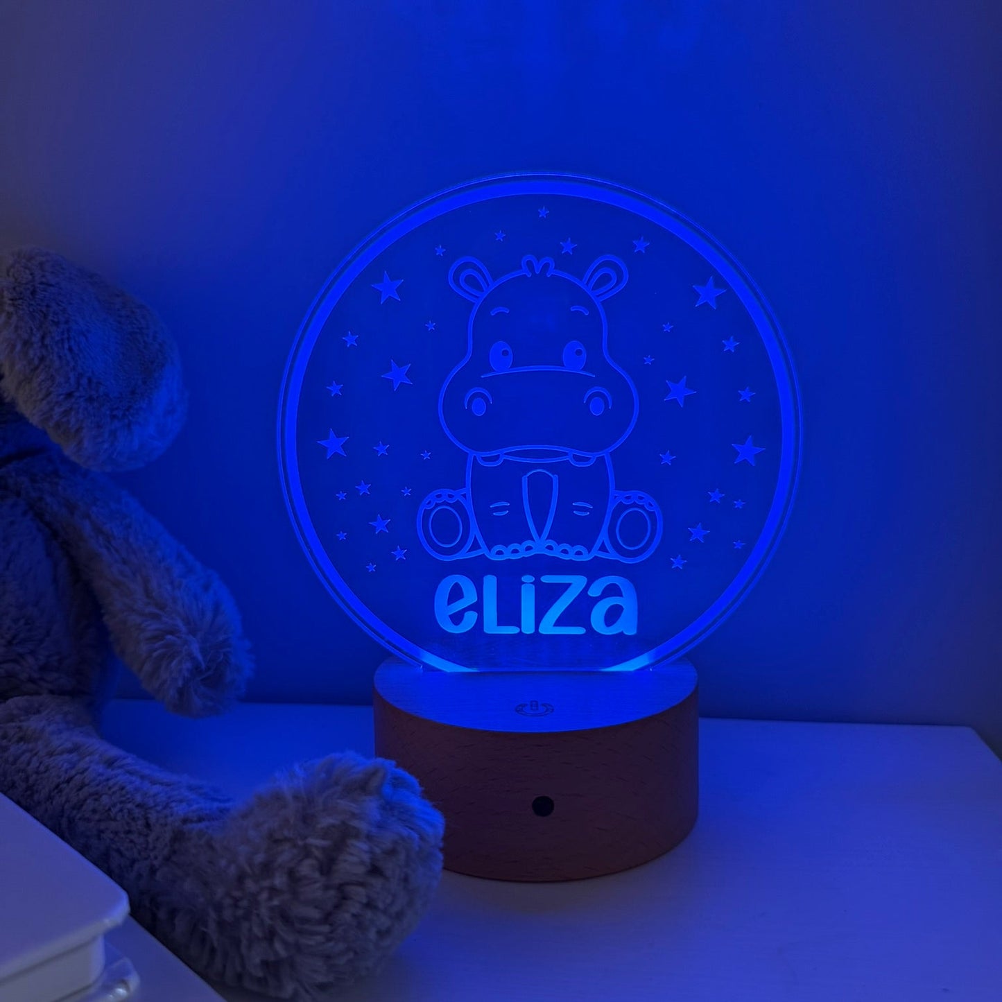 A personalized 3D LED night light shaped like a hippo sitting in a circle with the name 'eliza' illuminated at the bottom, displayed on a wooden base on a tabletop next to a plush toy.
