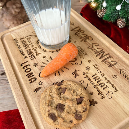 Engraved wooden Santa tray for milk, cookies, and reindeer food