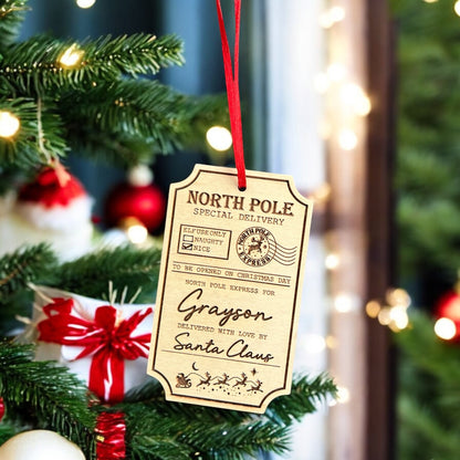 Custom name Santa delivery tag in festive engraved maple wood