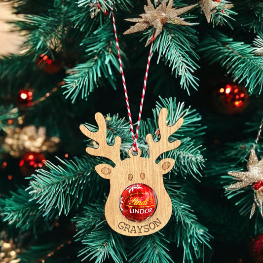 Personalised wooden reindeer chocolate holder with engraved name