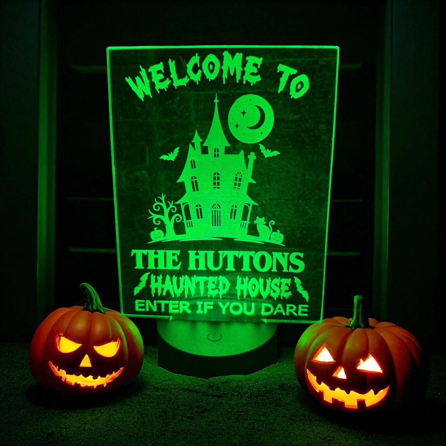 Custom family name Halloween lamp powered by USB or AA batteries