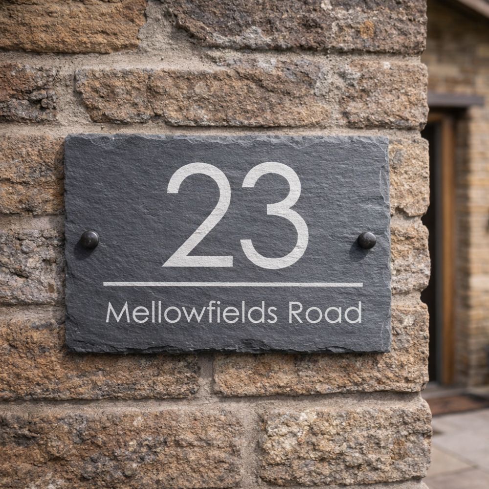 Personalised rustic slate house sign engraved with house number and street name