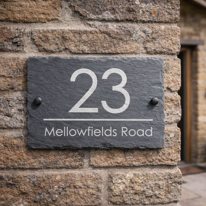 Personalised rustic slate house sign engraved with house number and street name