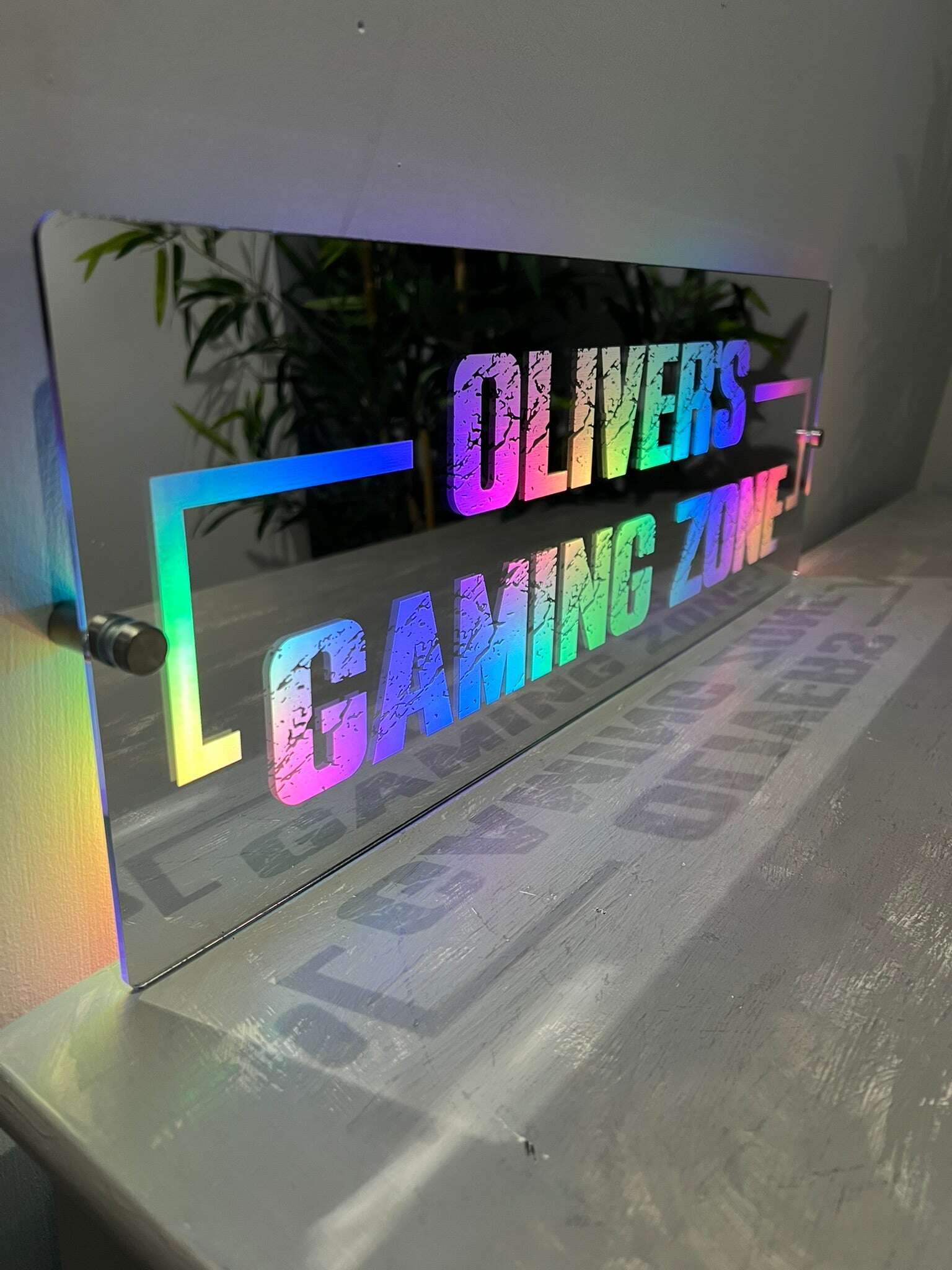 Personalised LED mirror sign for gaming space décor