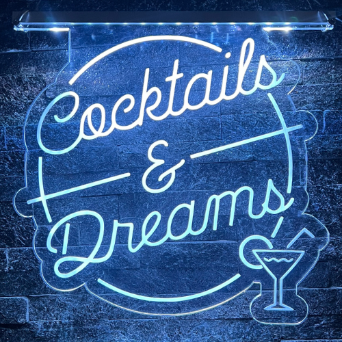 “Cocktails & Dreams” LED sign with vibrant colour-changing lights