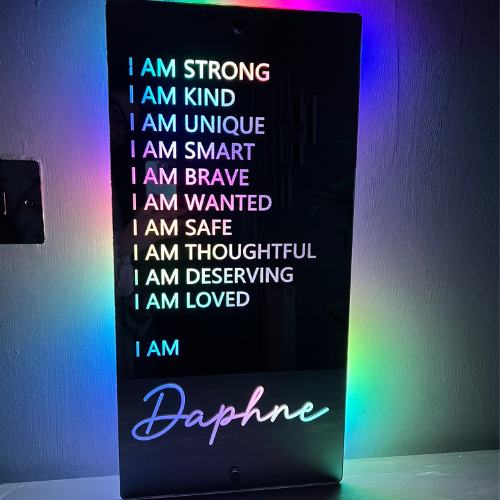 Custom LED mirror sign with positive affirmations for girls
