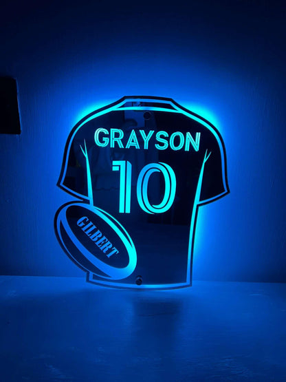 Custom LED rugby shirt mirror sign perfect for rugby fans