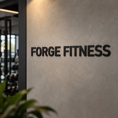 Black 3D acrylic wall sign reading 'FORGE FITNESS' mounted on a textured gray concrete wall inside a gym.