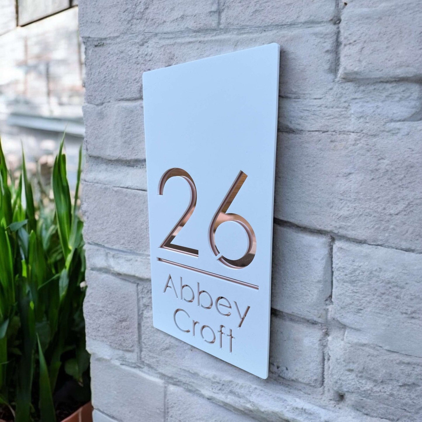 Elegant floating house number and street sign with white matte top and four mirror colour options