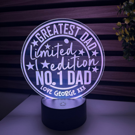 “No. 1 Dad” limited edition night light personalised with engraved message