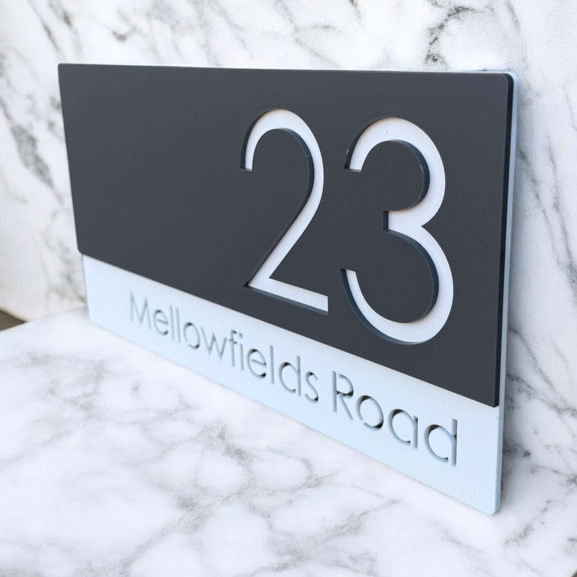 Floating house number sign with modern two-layer acrylic design