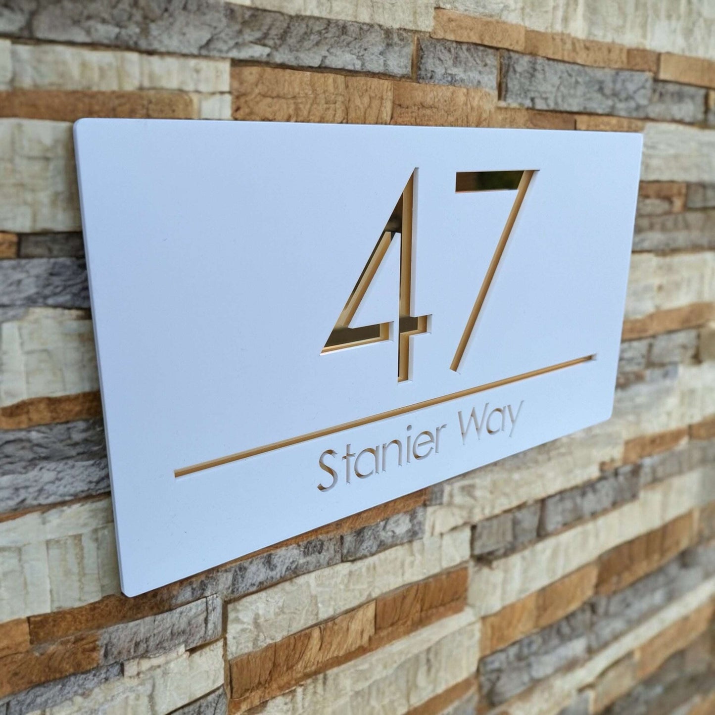 Two-layer floating house sign with white matte top and gold mirror base