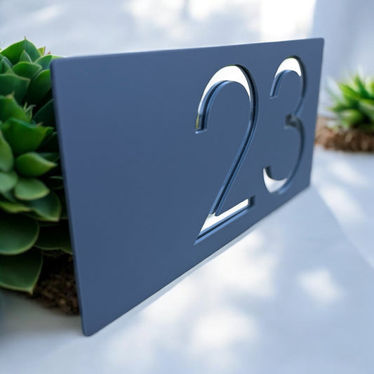 Modern floating house number sign with mirror and grey acrylic