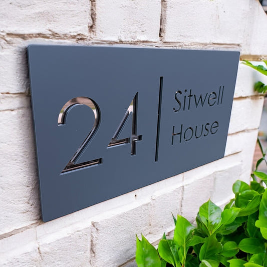 Floating house number and street name sign in rose gold and grey acrylic