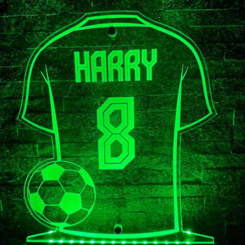 Personalised LED football shirt sign boxed as a gift for birthday or Christmas.