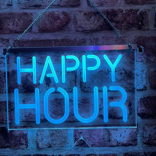 Happy Hour LED sign mounted on a wall, glowing in multiple colours.