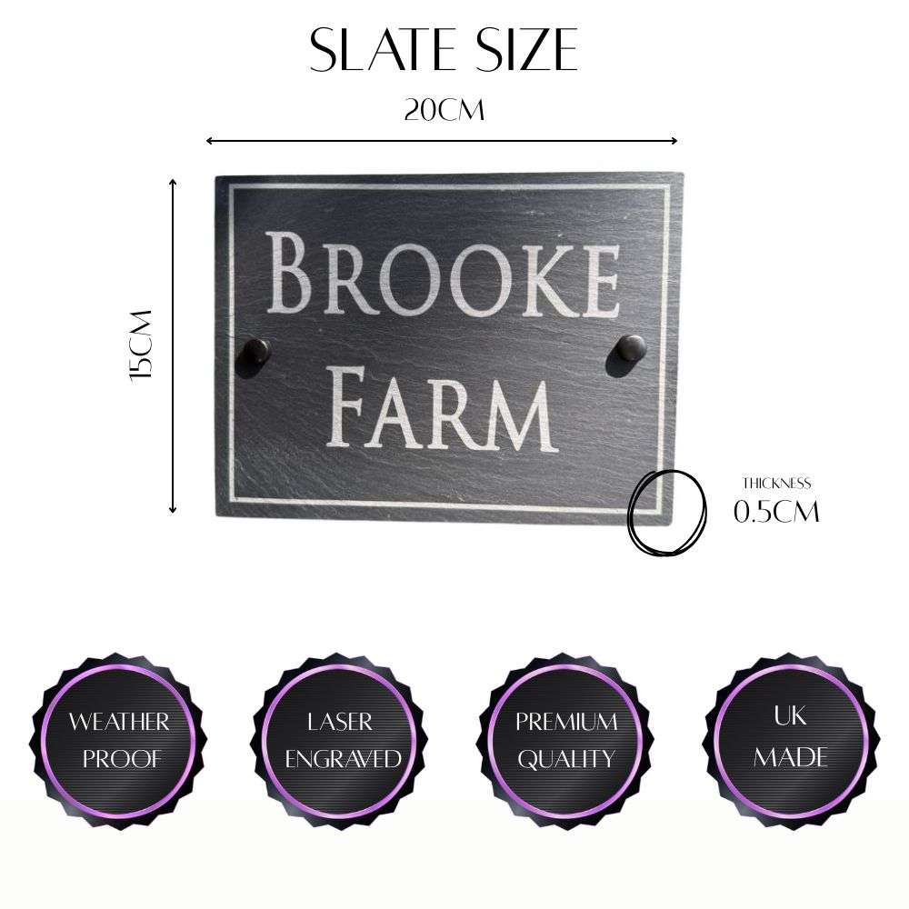Slate house sign with dimensions and quality features on a white background