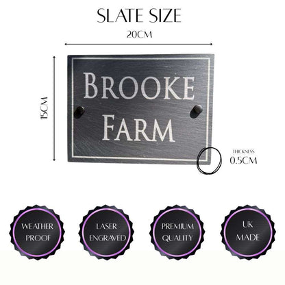 Slate house sign with dimensions and quality features on a white background
