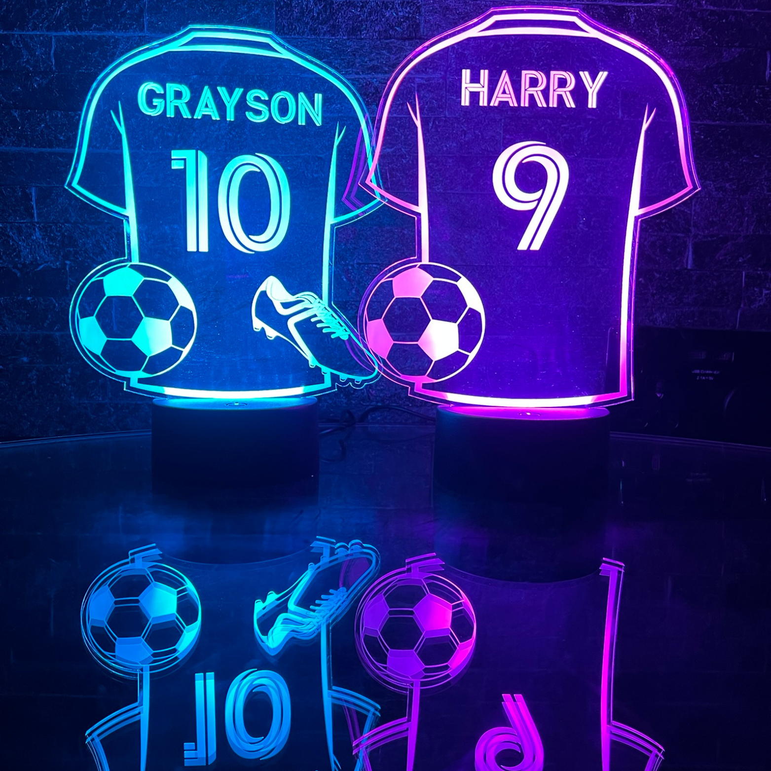 Kids personalised football shirt night light with LED colours