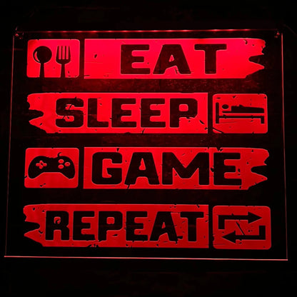 LED sign “Eat Sleep Game Repeat” made from clear 5mm Perspex