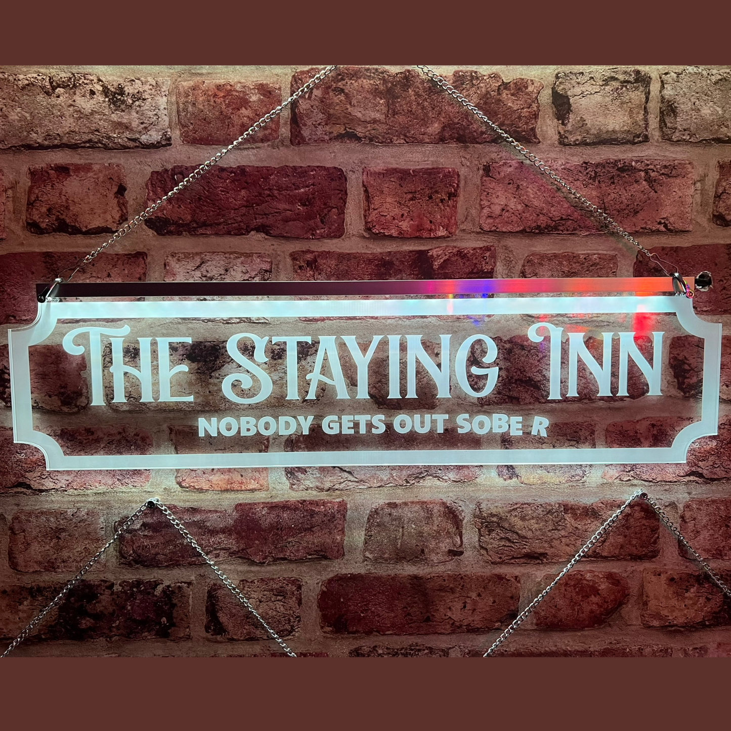 Custom LED sign for home bar mounted on wall using stand-offs