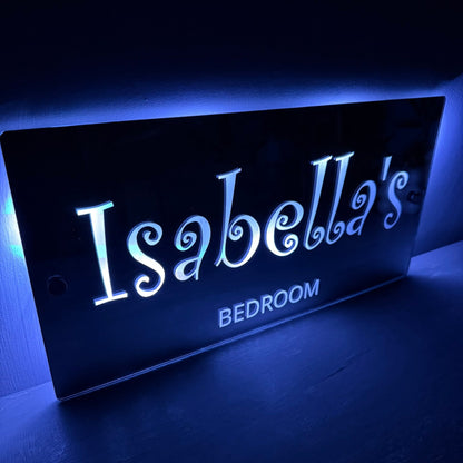 LED name sign showing USB power cable and remote control for easy colour and mode selection.