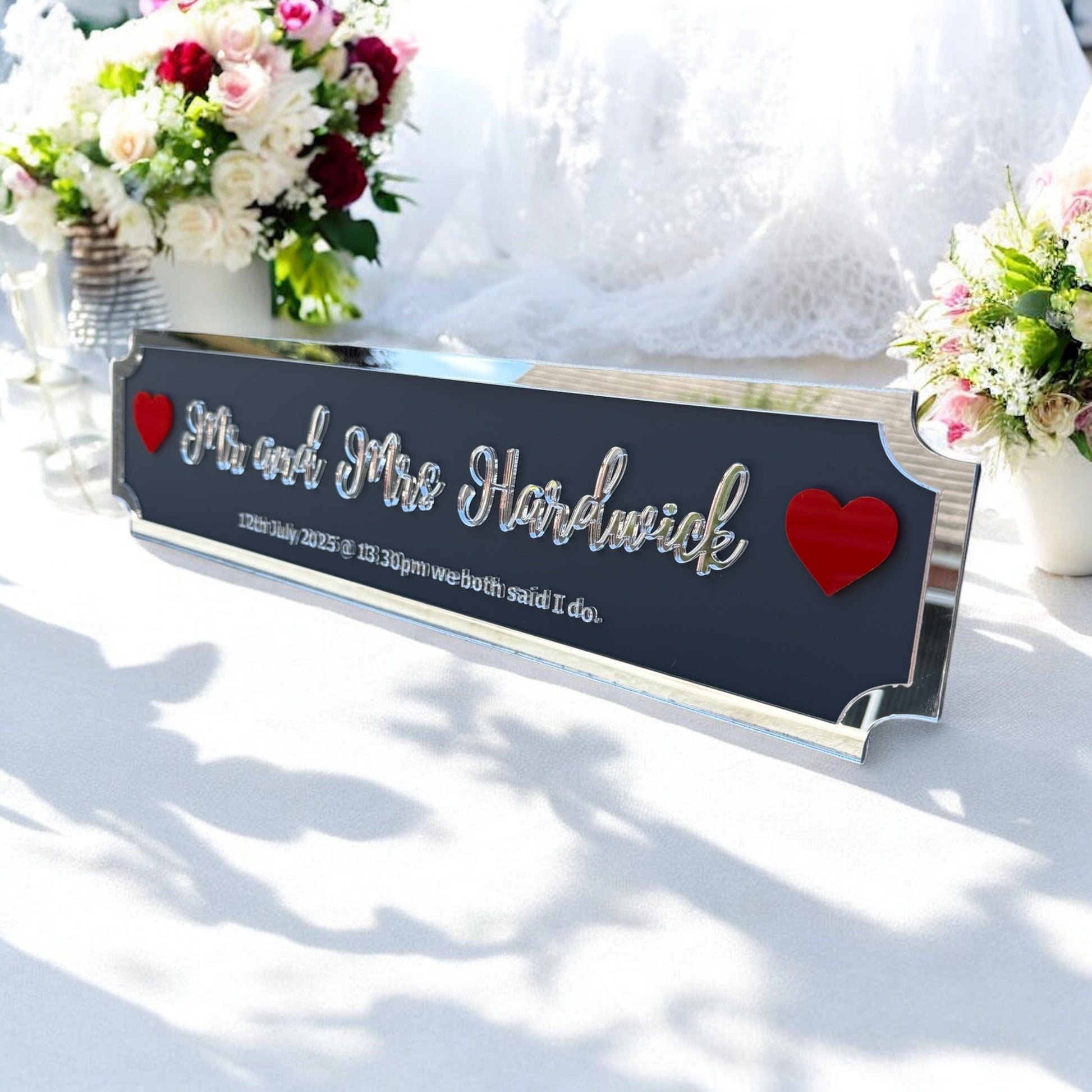 Front view of 3D personalised Mr & Mrs acrylic sign with custom family name