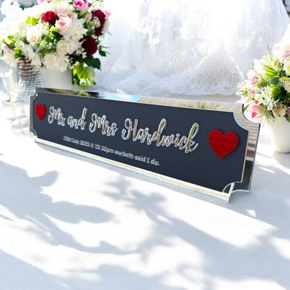 Front view of 3D personalised Mr & Mrs acrylic sign with custom family name