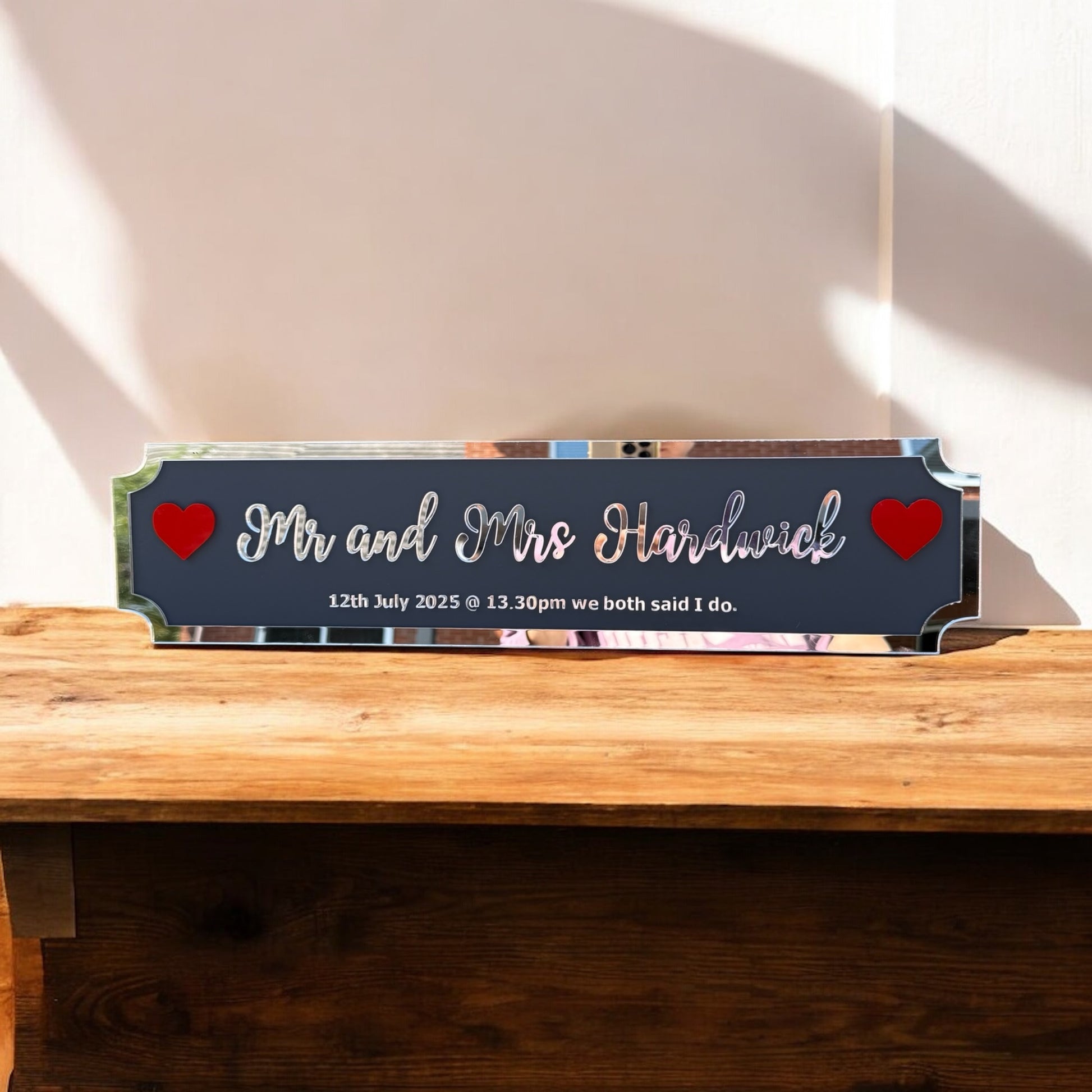 Close-up of 6mm thick acrylic used in Mr & Mrs personalised name sign
