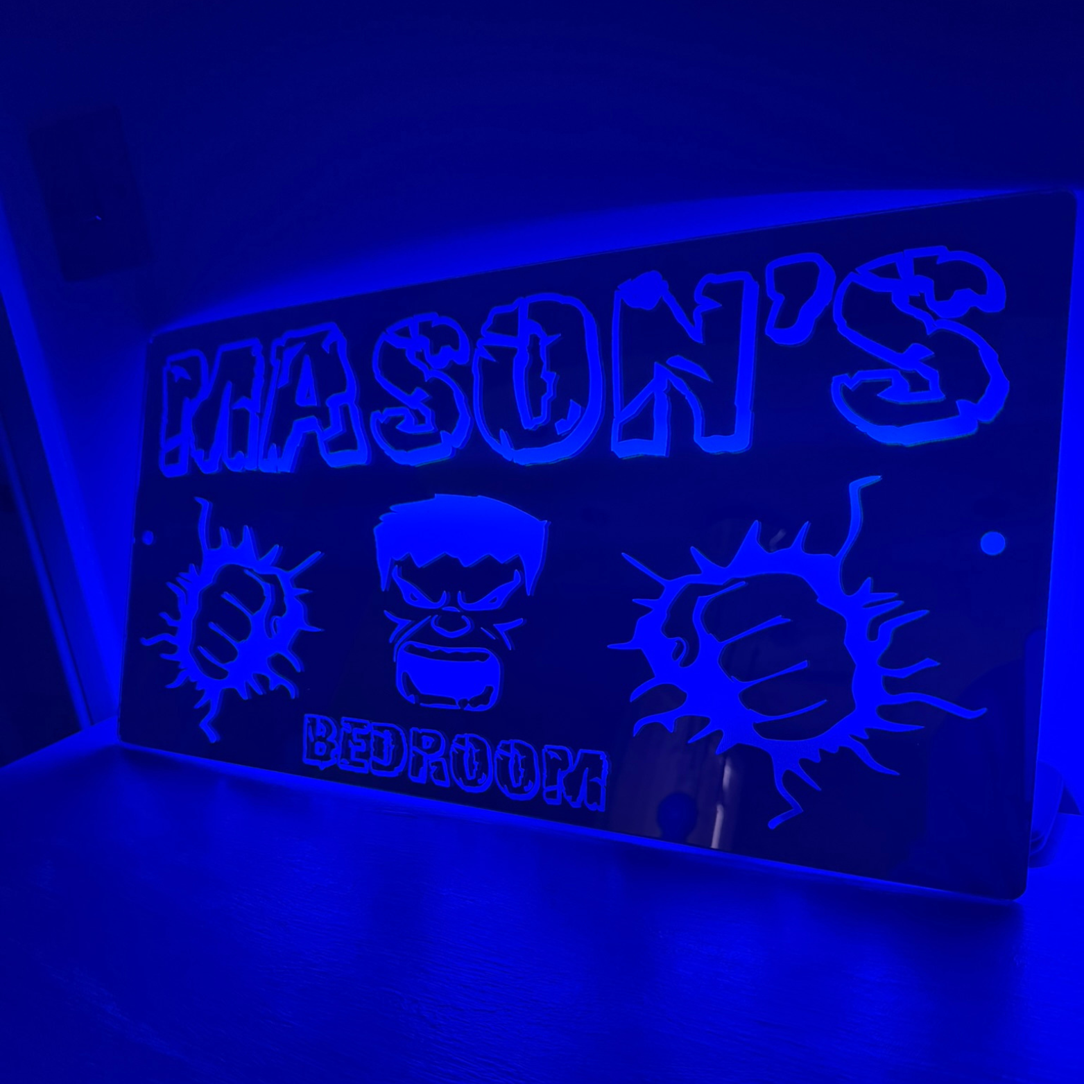 Personalised LED mirror sign Hulk theme for children’s room