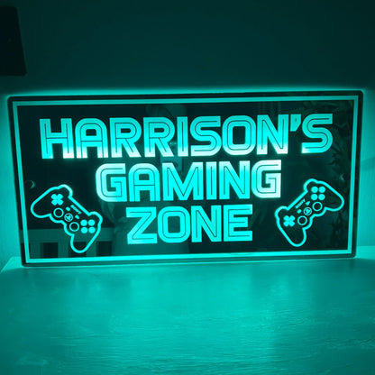 Personalised LED mirror Gaming Zone sign with PlayStation remote