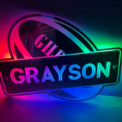 Personalised LED mirror rugby ball sign with custom name