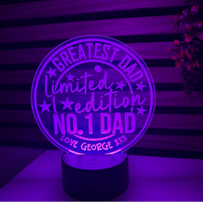 Unique personalised night light featuring “No. 1 Dad” engraved message