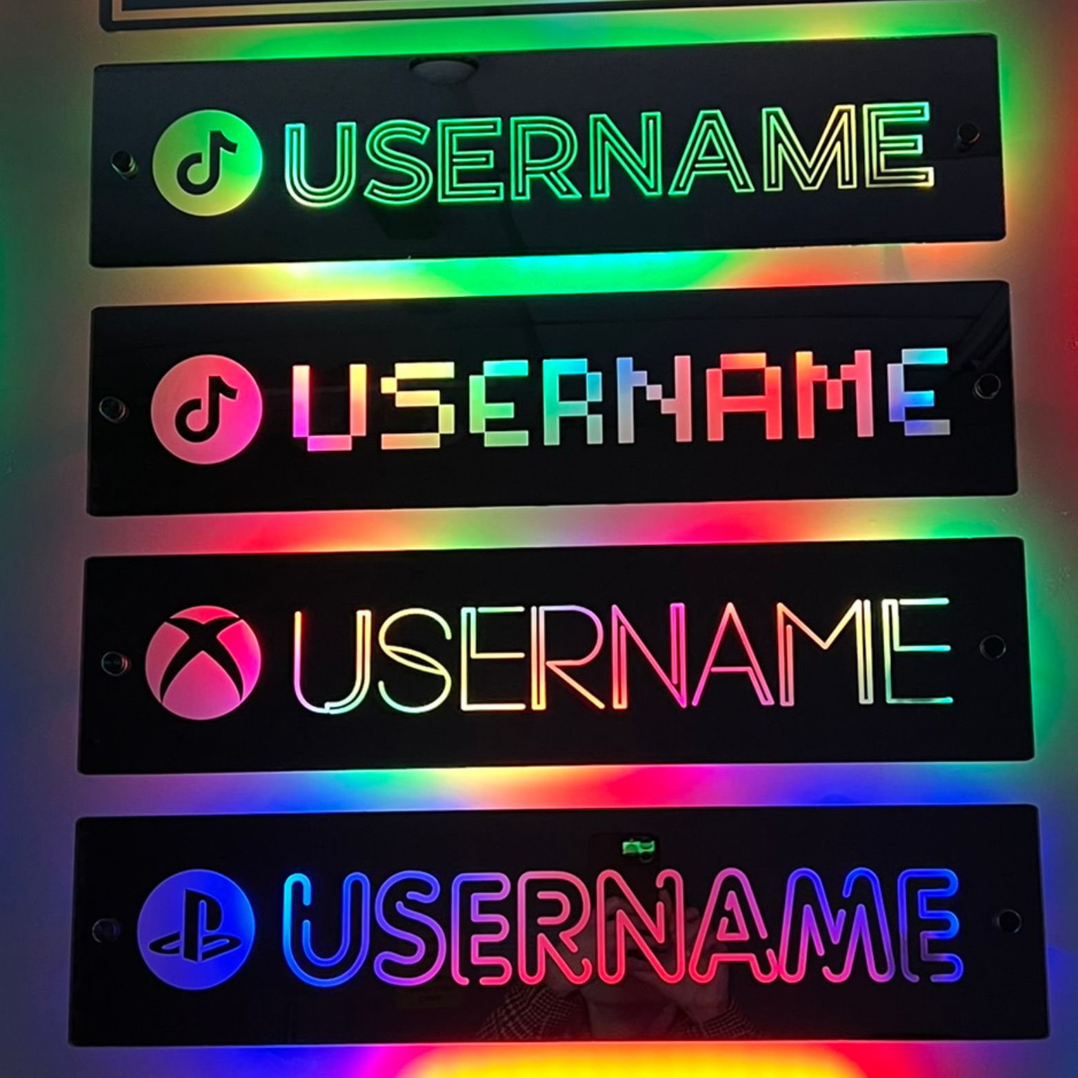 Personalised LED mirror sign with custom username and logo