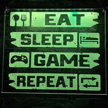 Durable Perspex LED sign featuring “Eat Sleep Game Repeat” phrase