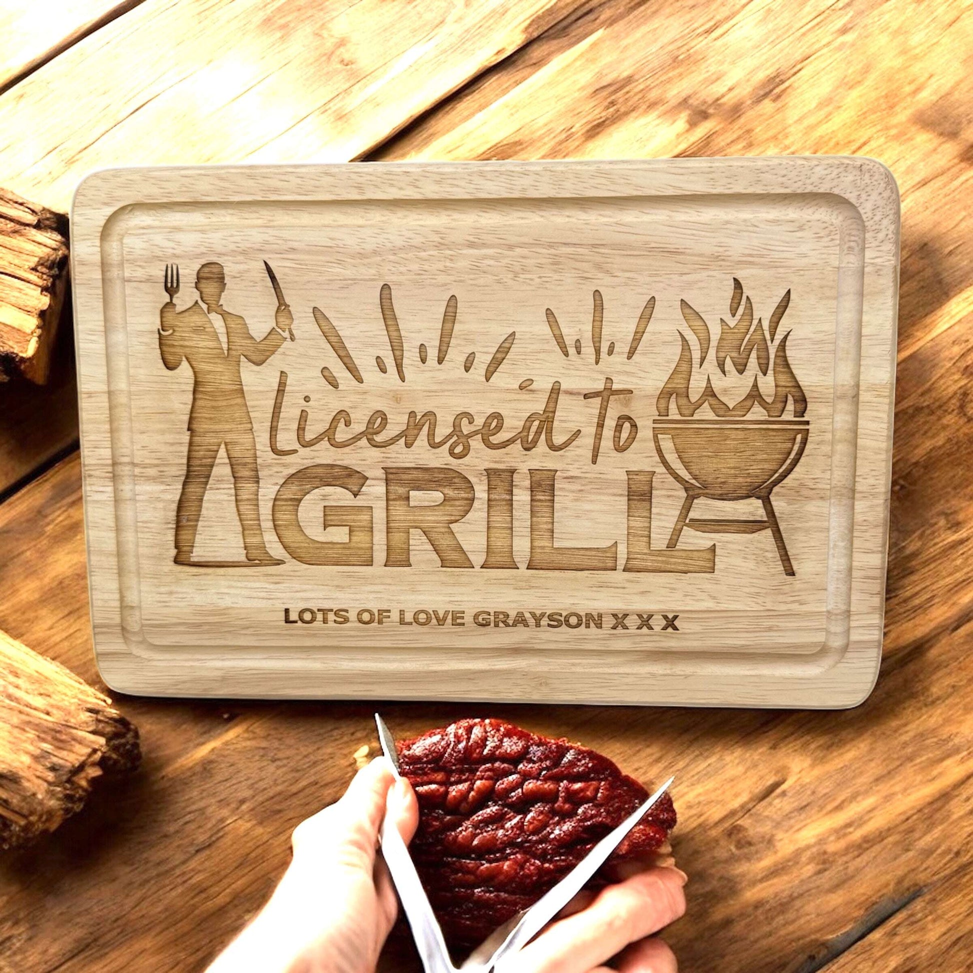 Custom engraved wooden BBQ tray “Licensed To Grill” design